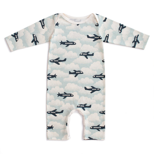 Long-Sleeve Romper - Airplanes Blue