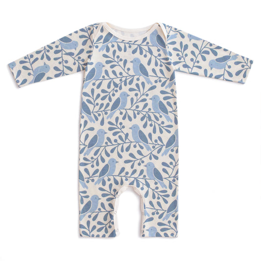 Long-Sleeve Romper - Birds & Berries Blue