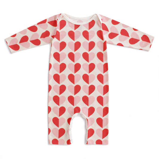 Long-Sleeve Romper - Hearts Red & Pink